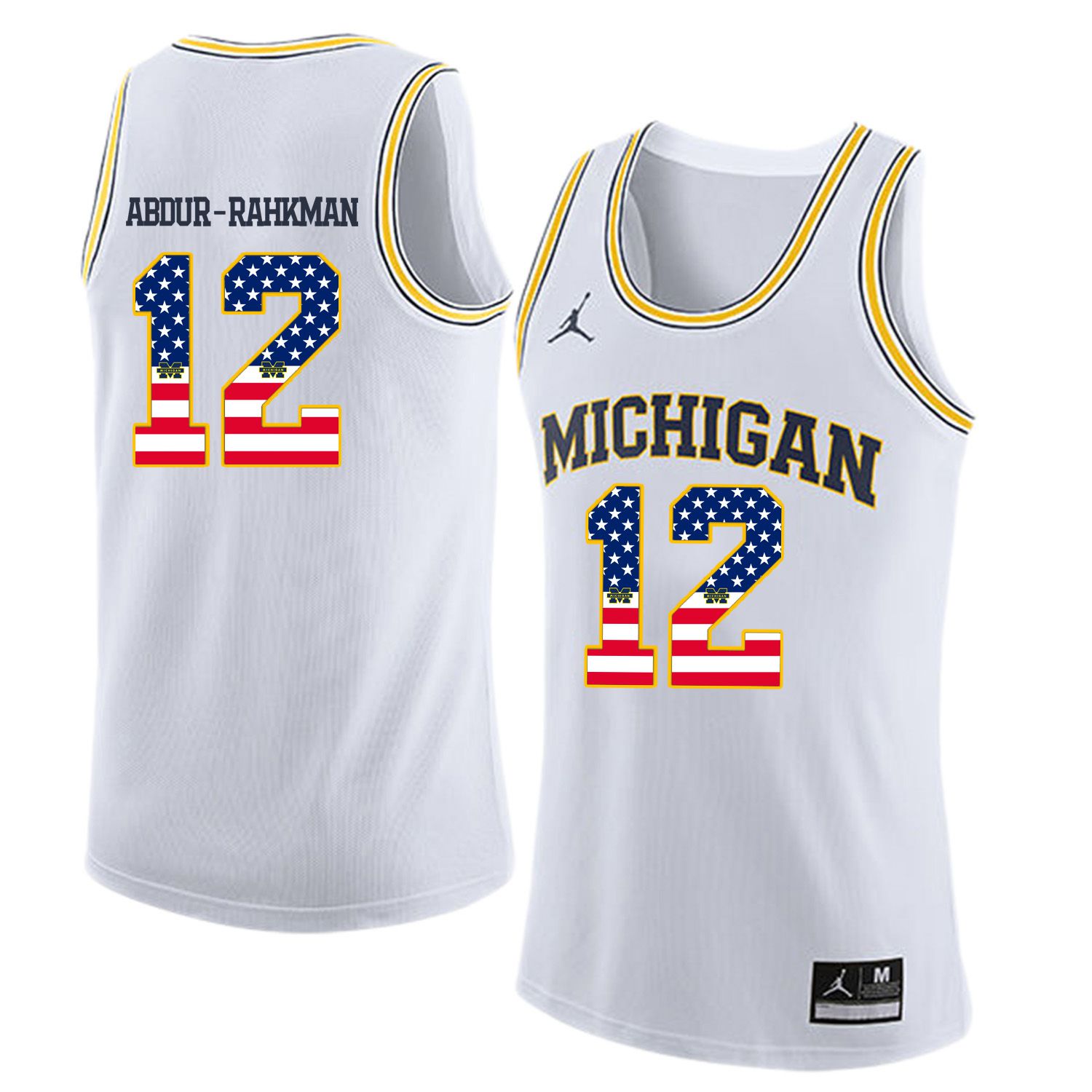 Men Jordan University of Michigan Basketball White #12 Abdur-Rahkman Flag Customized NCAA Jerseys->customized ncaa jersey->Custom Jersey